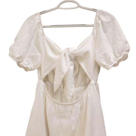 White Mini Dress Tie Back Puff Sleeve Ruffle Hem Summer Dress - Picture 3 of 10